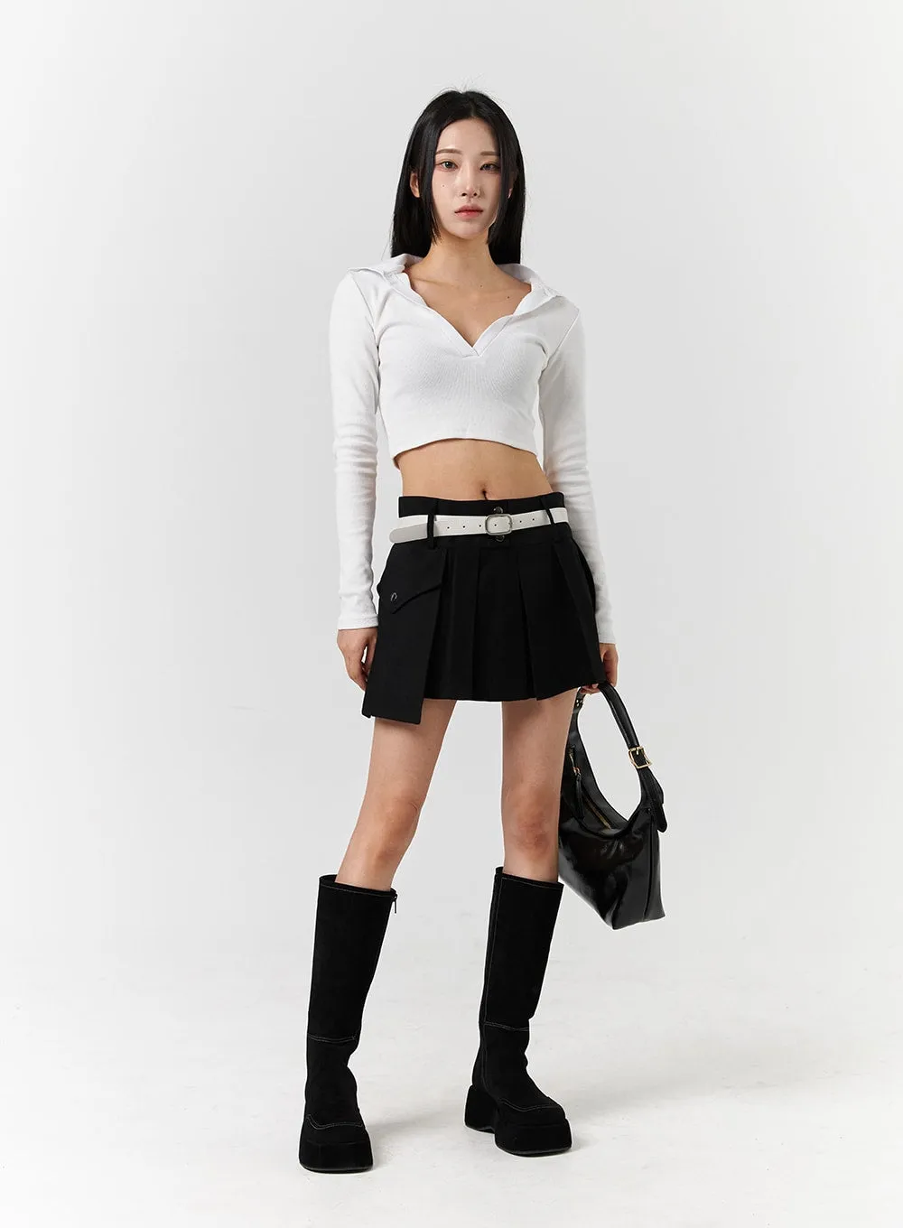 V-Neck Collar Long Sleeve Crop Tee CD322