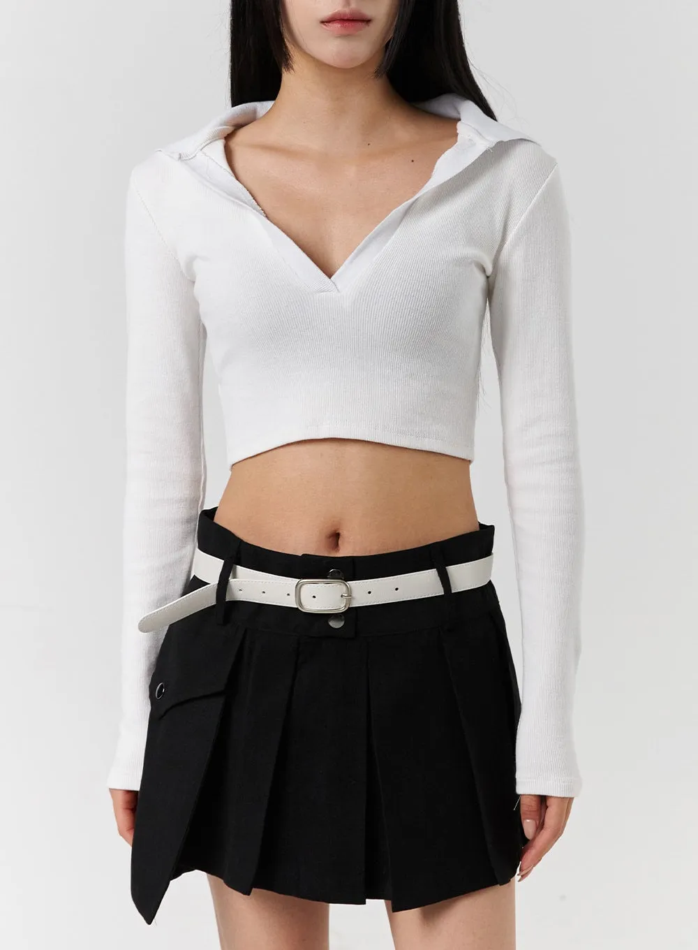 V-Neck Collar Long Sleeve Crop Tee CD322