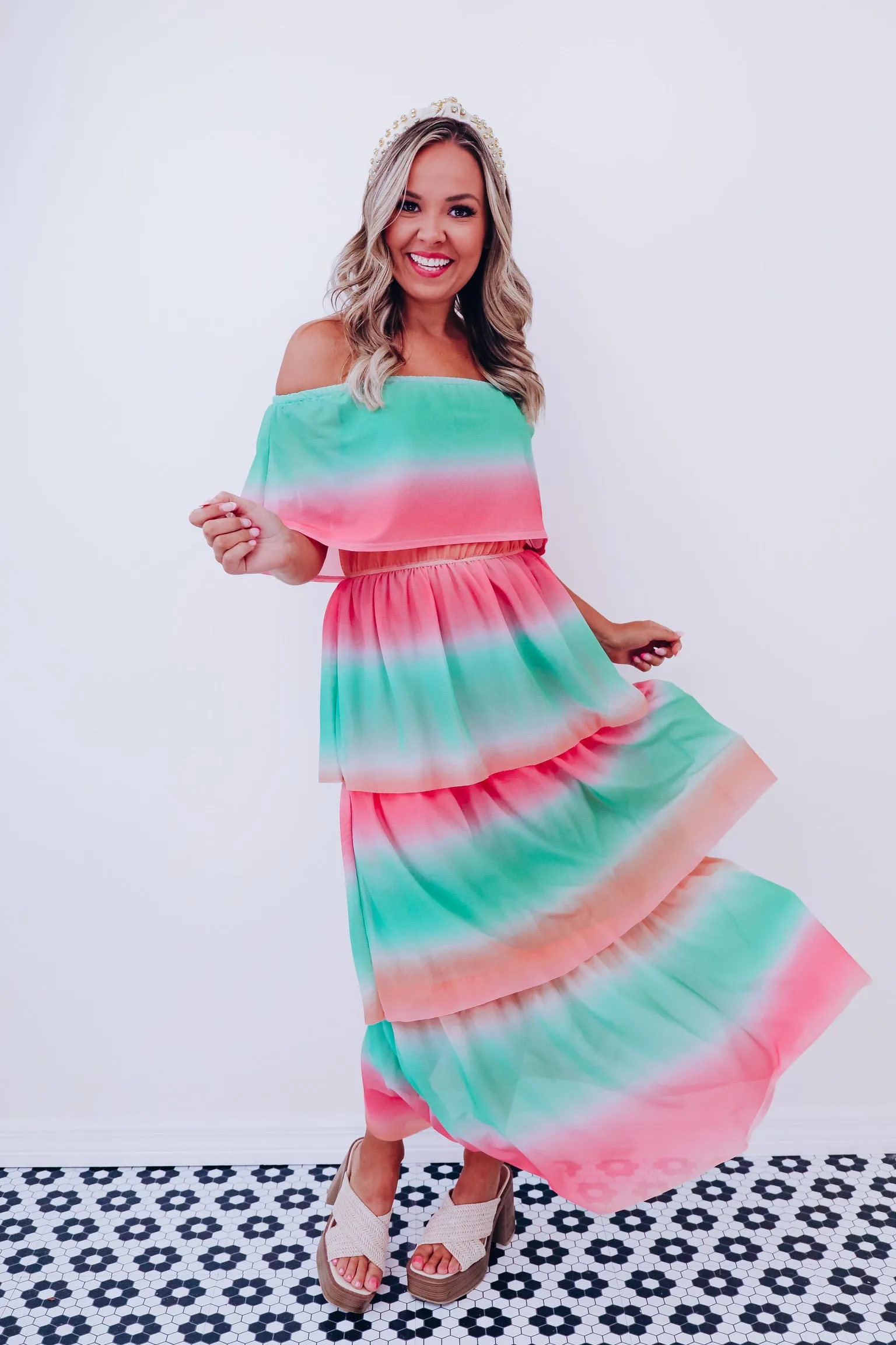 Vibrant Off Shoulder Mesh Maxi Dress - Green-Peach