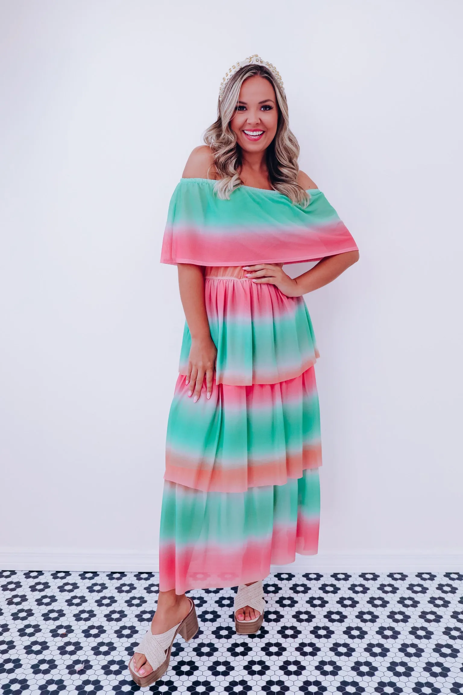 Vibrant Off Shoulder Mesh Maxi Dress - Green-Peach