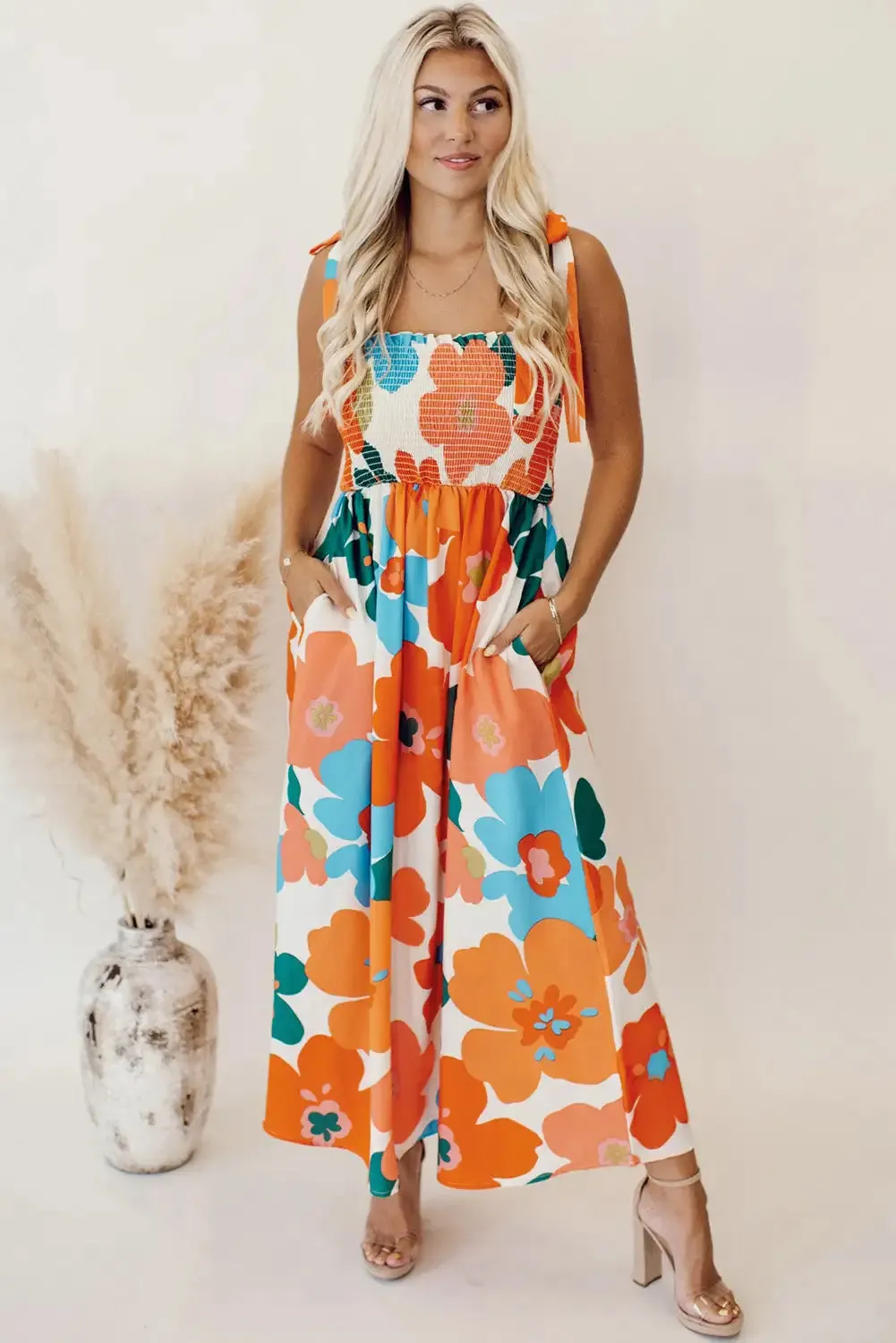 Vibrant Orange Floral Maxi Dress