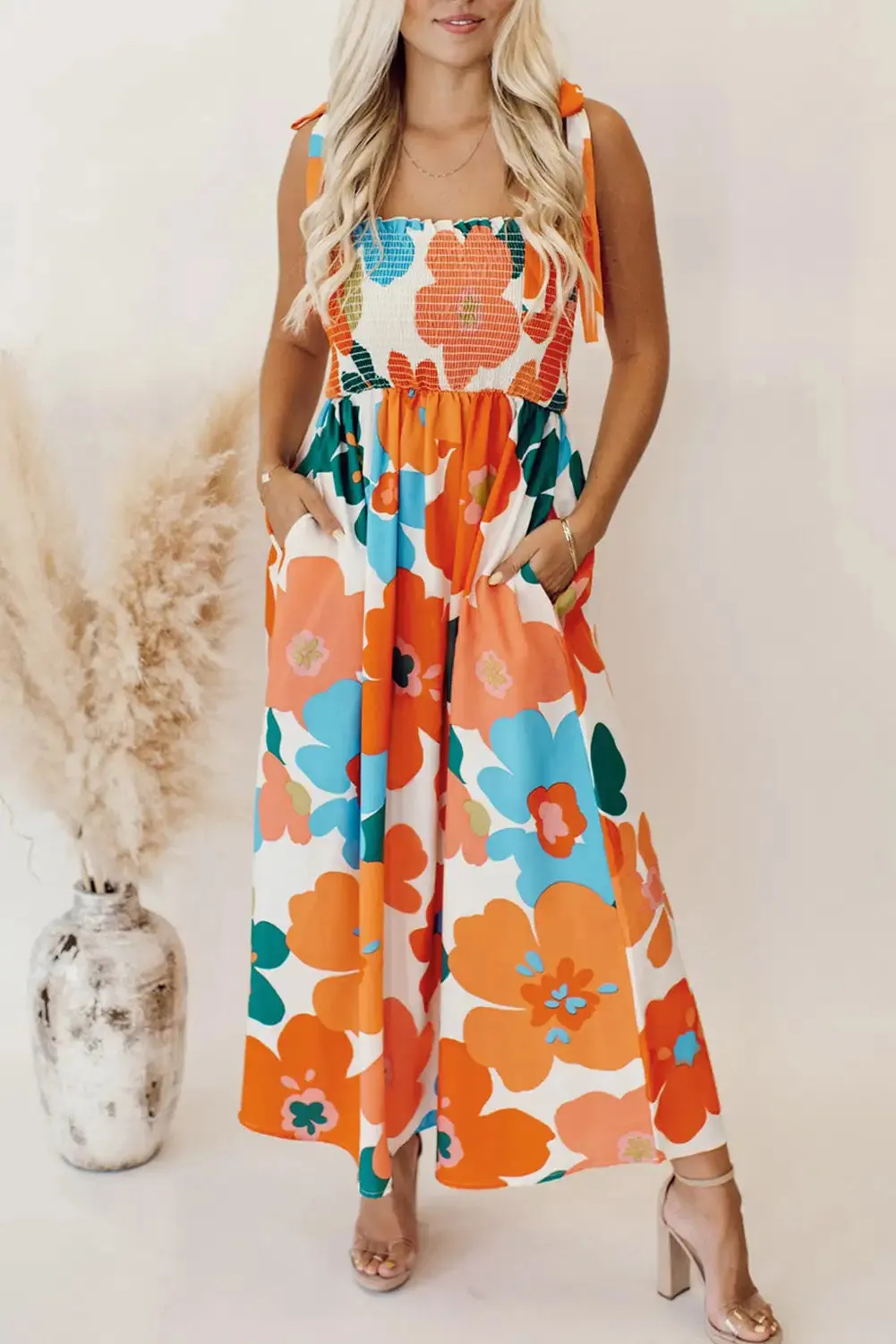 Vibrant Orange Floral Maxi Dress