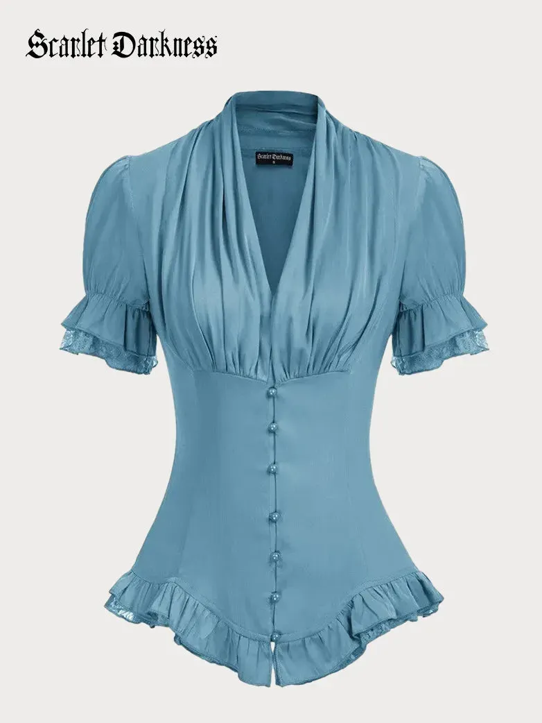 Victorian Pleated Shirt Lace Up Work Blouse