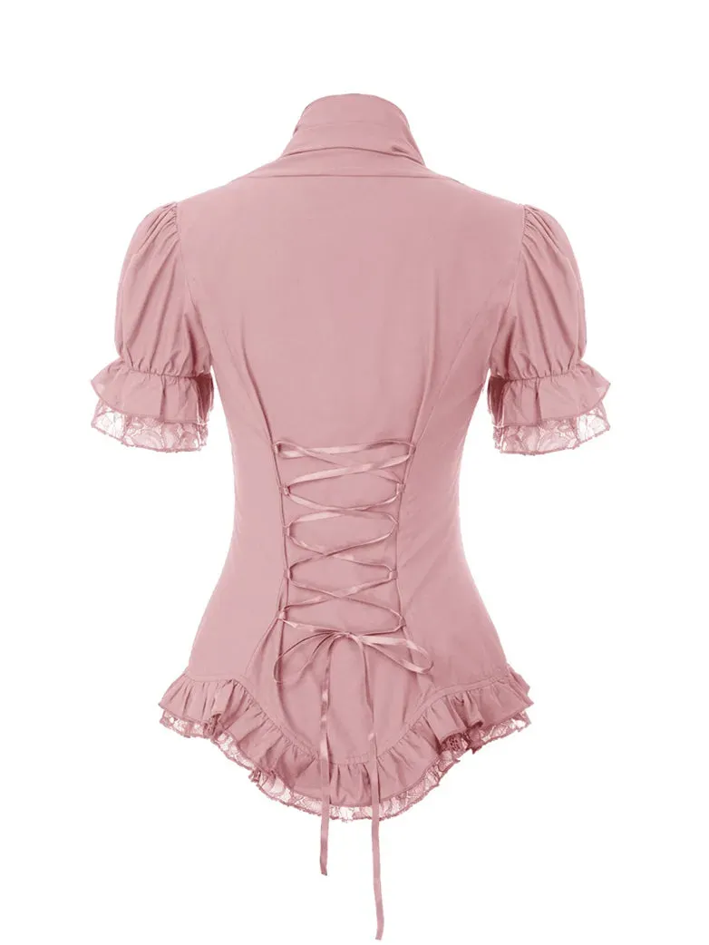 Victorian Pleated Shirt Lace Up Work Blouse