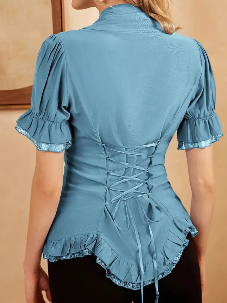 Victorian Pleated Shirt Lace Up Work Blouse