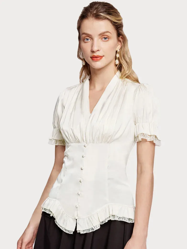 Victorian Pleated Shirt Lace Up Work Blouse