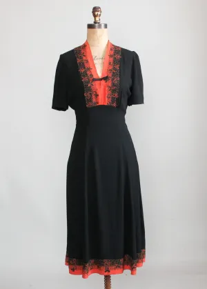 Vintage 1930s Black and Orange Dress with Metallic Soutache