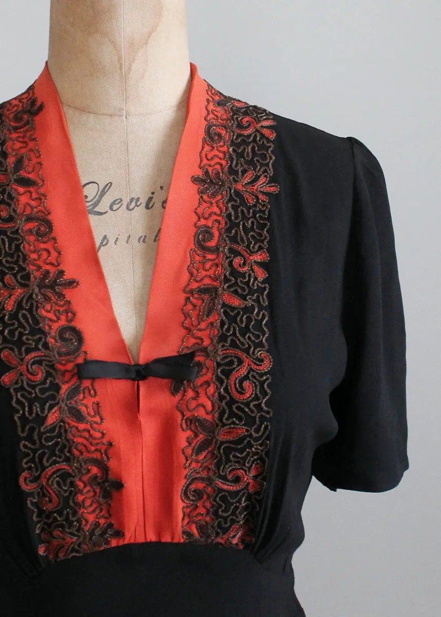 Vintage 1930s Black and Orange Dress with Metallic Soutache