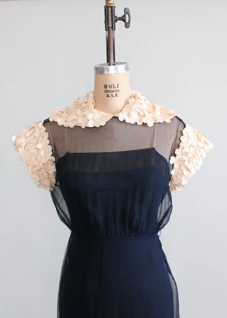 Vintage 1930s Navy Chiffon Petal Sleeves Evening Dress