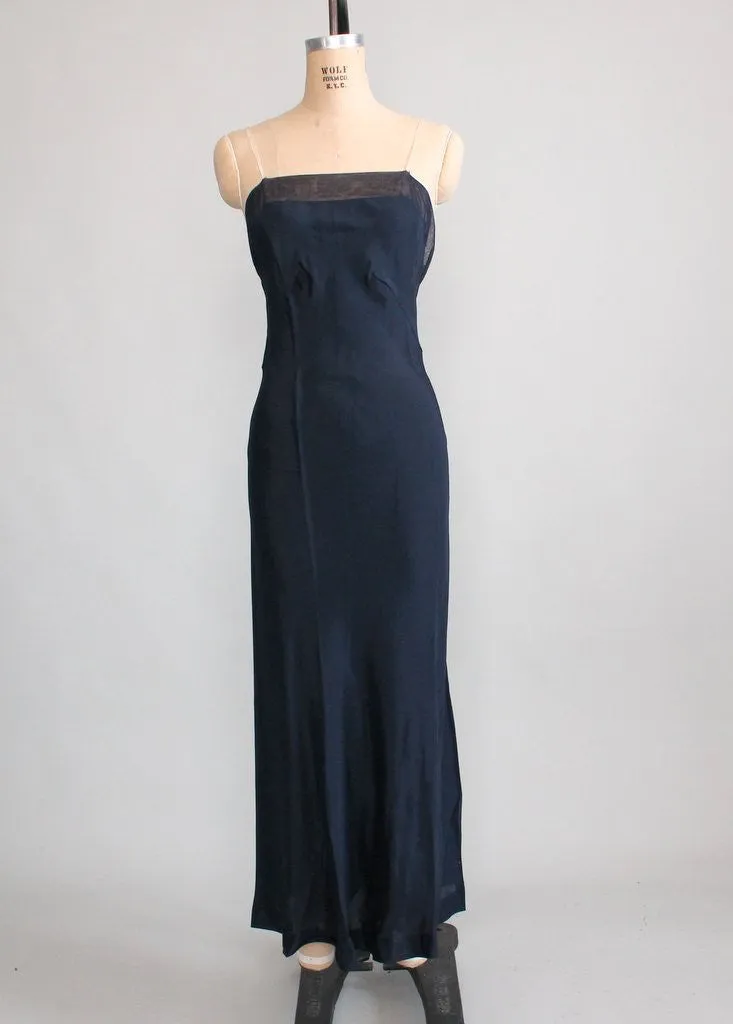 Vintage 1930s Navy Chiffon Petal Sleeves Evening Dress