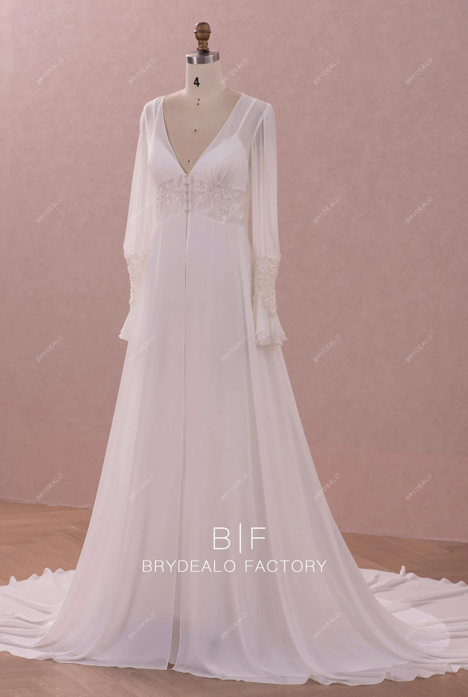 Vintage Beaded Lace Chiffon Robe Satin A-line Wedding Dress