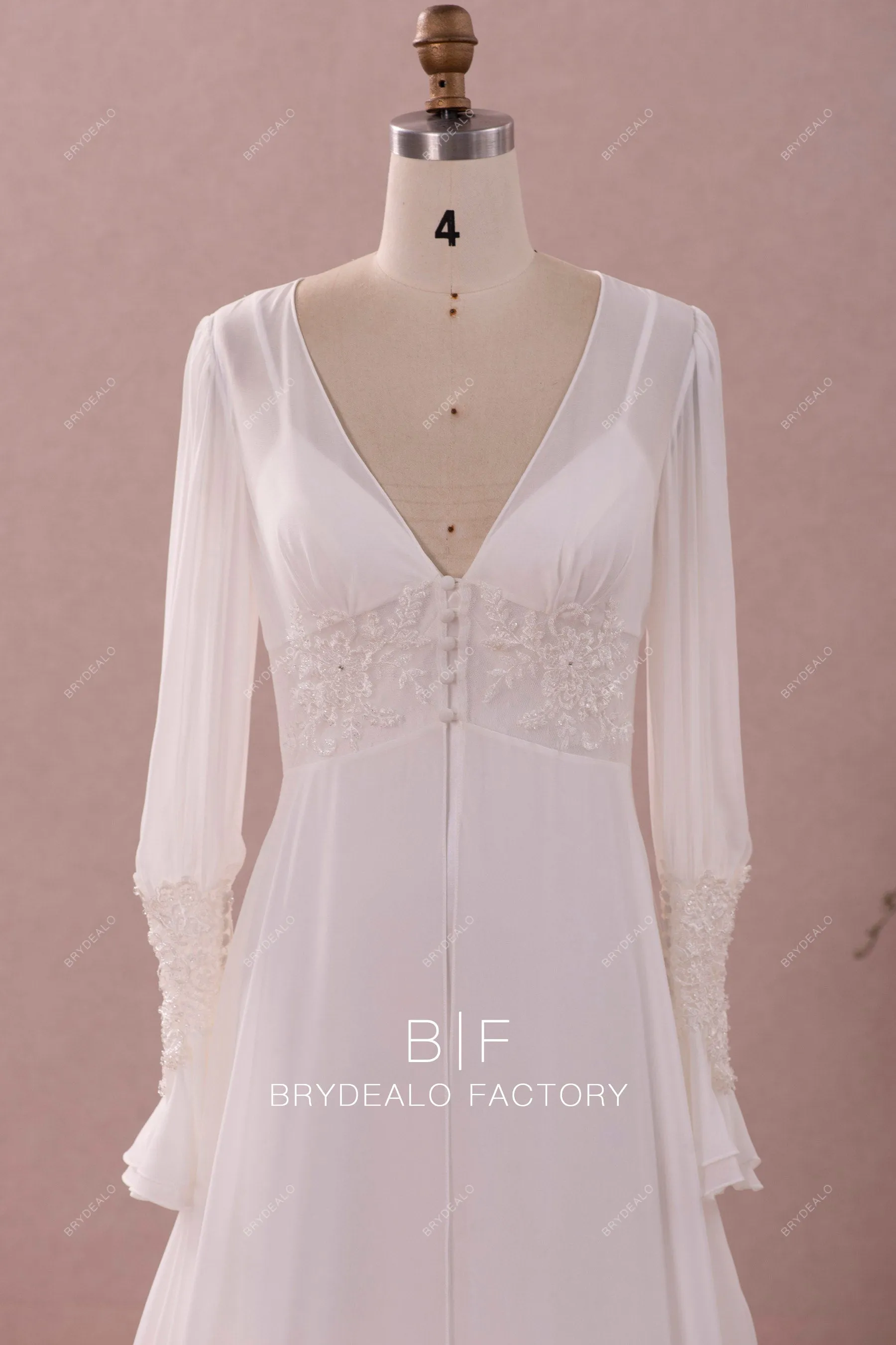 Vintage Beaded Lace Chiffon Robe Satin A-line Wedding Dress