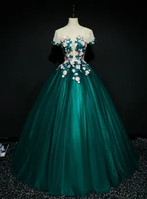 Wear a Classic Green Ball Gown Tulle Short Sleeve Appliques Quinceanera Dress