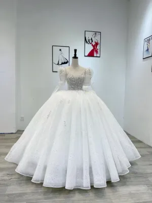 White Tulle Sequins Beading Short Sleeve Wedding Dress