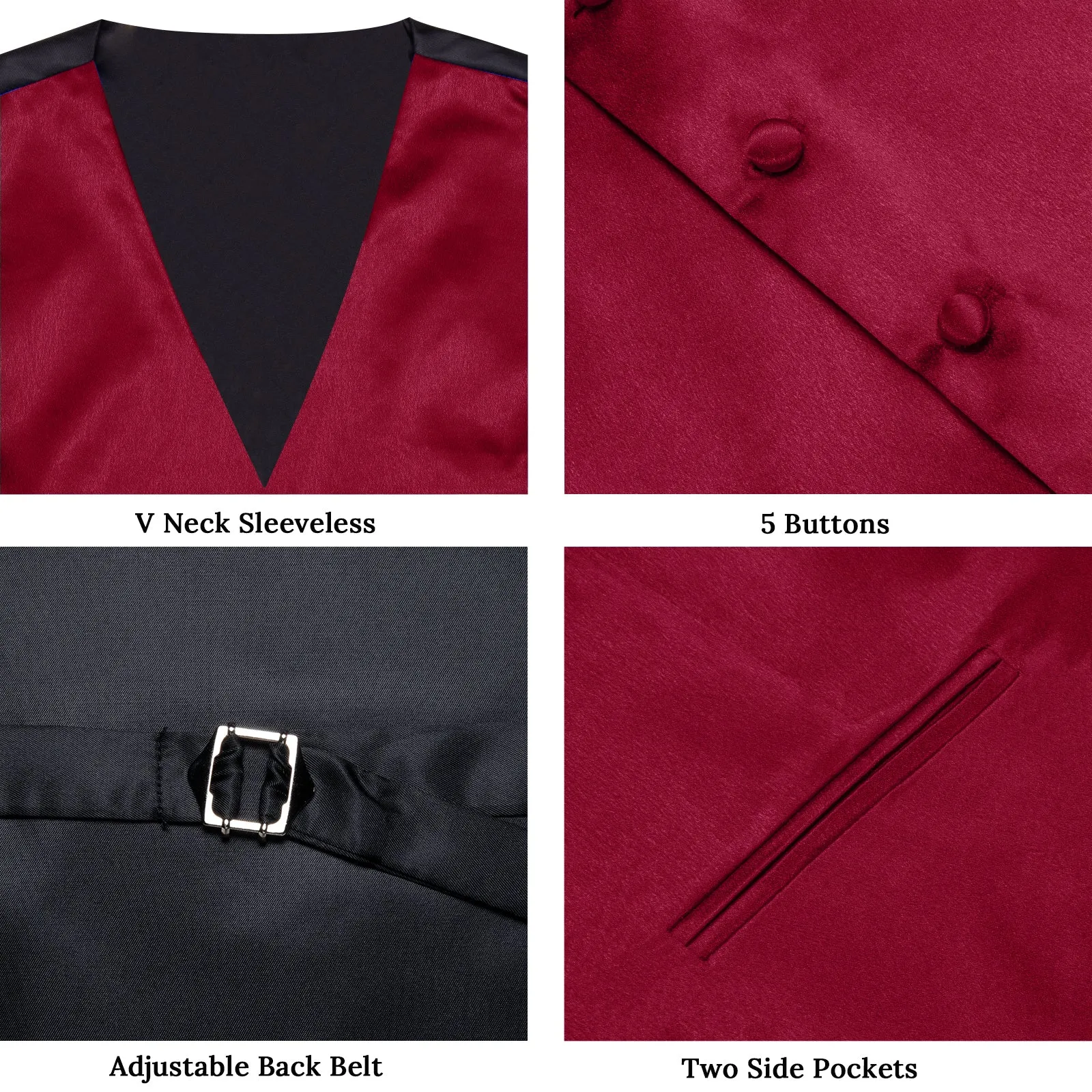 Wine Red Solid Shining Silk Formal Men's Vest Hanky Cufflinks Tie Set