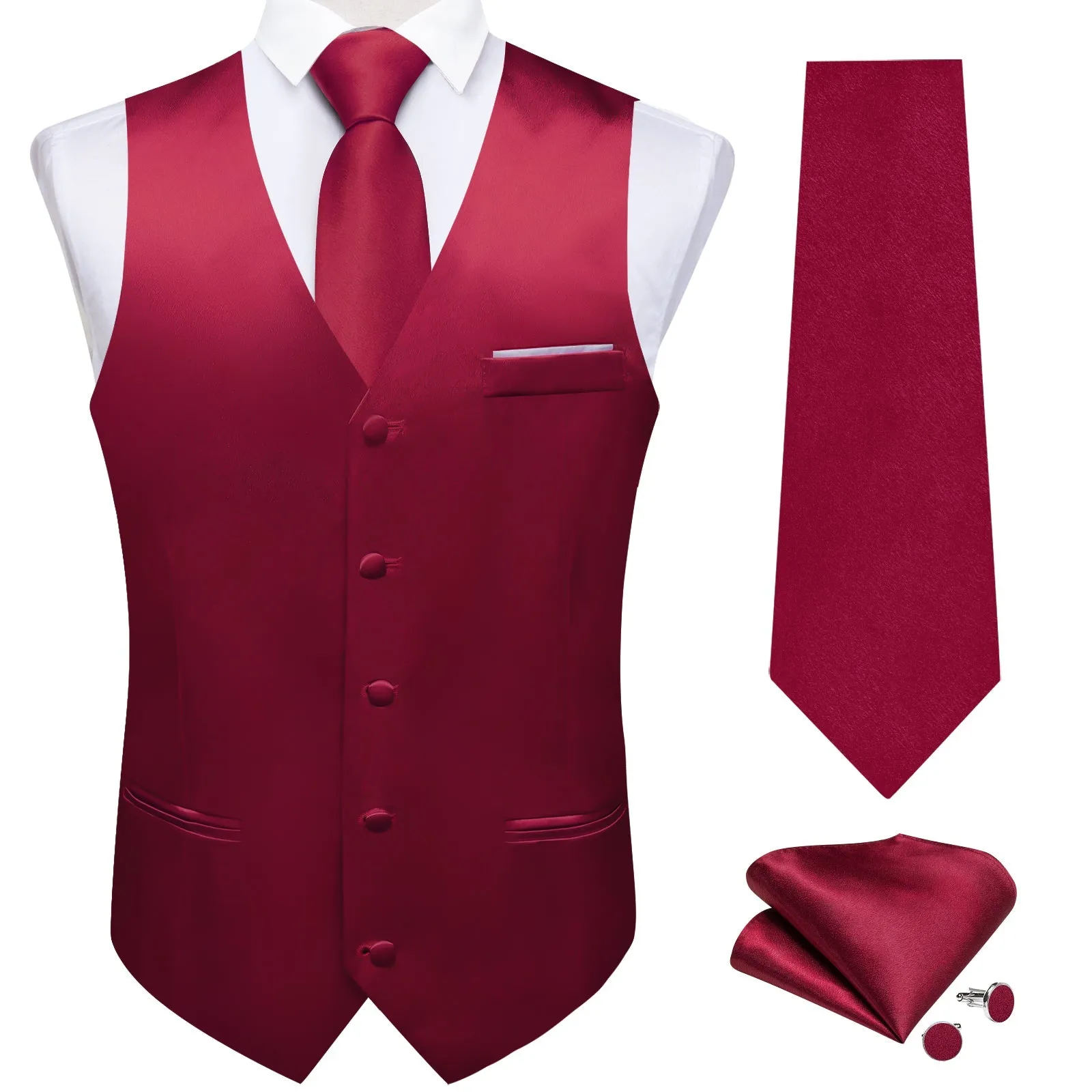 Wine Red Solid Shining Silk Formal Men's Vest Hanky Cufflinks Tie Set