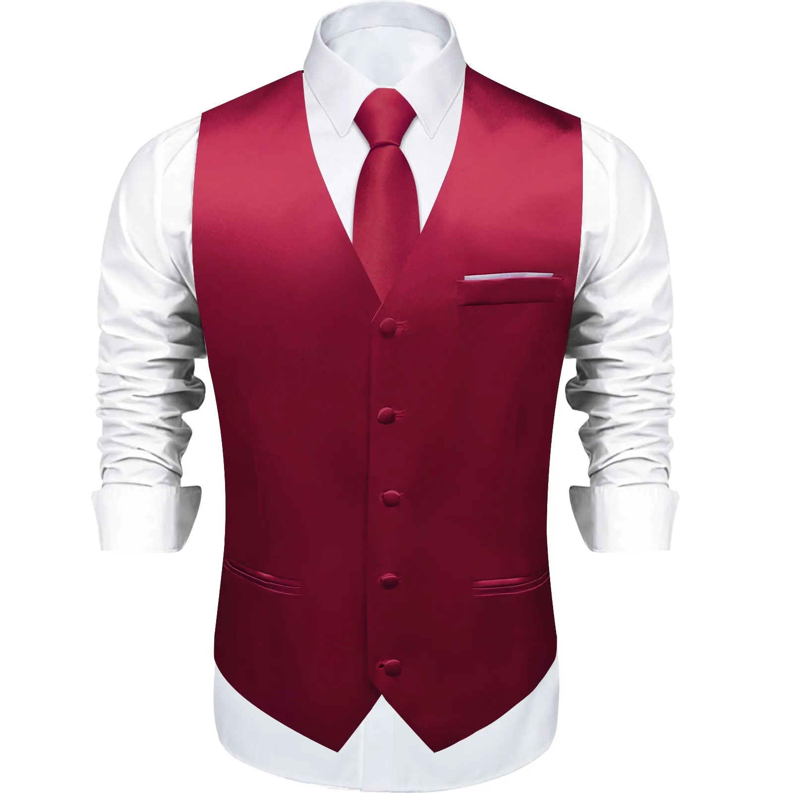 Wine Red Solid Shining Silk Formal Men's Vest Hanky Cufflinks Tie Set