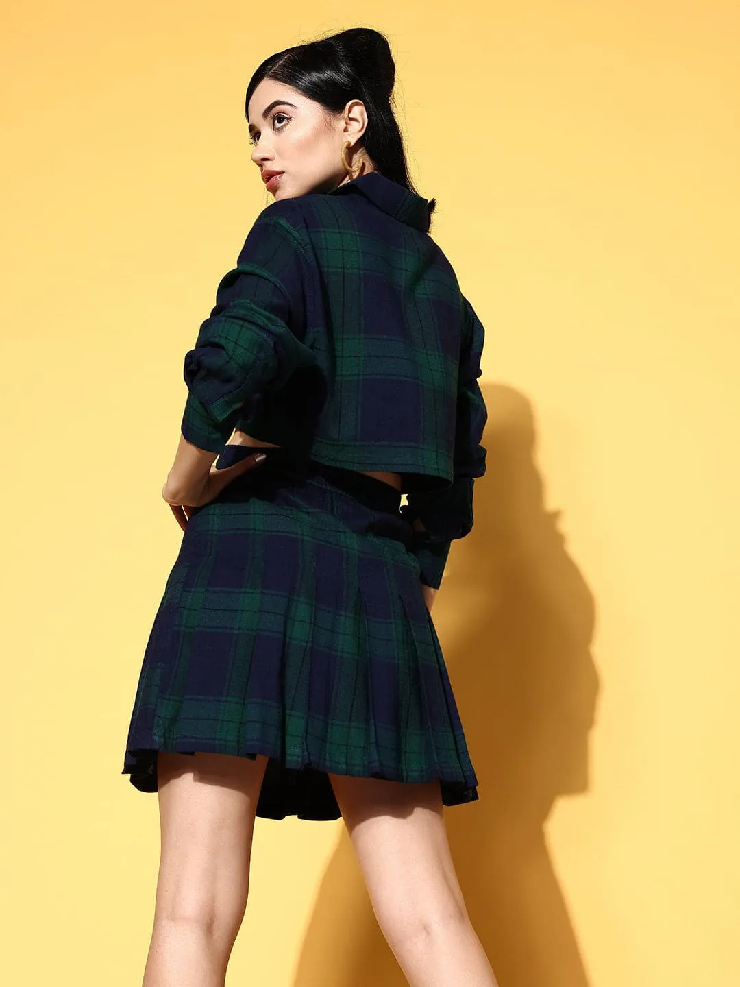 Women Navy Check Crop Shirt With Mini Skirt