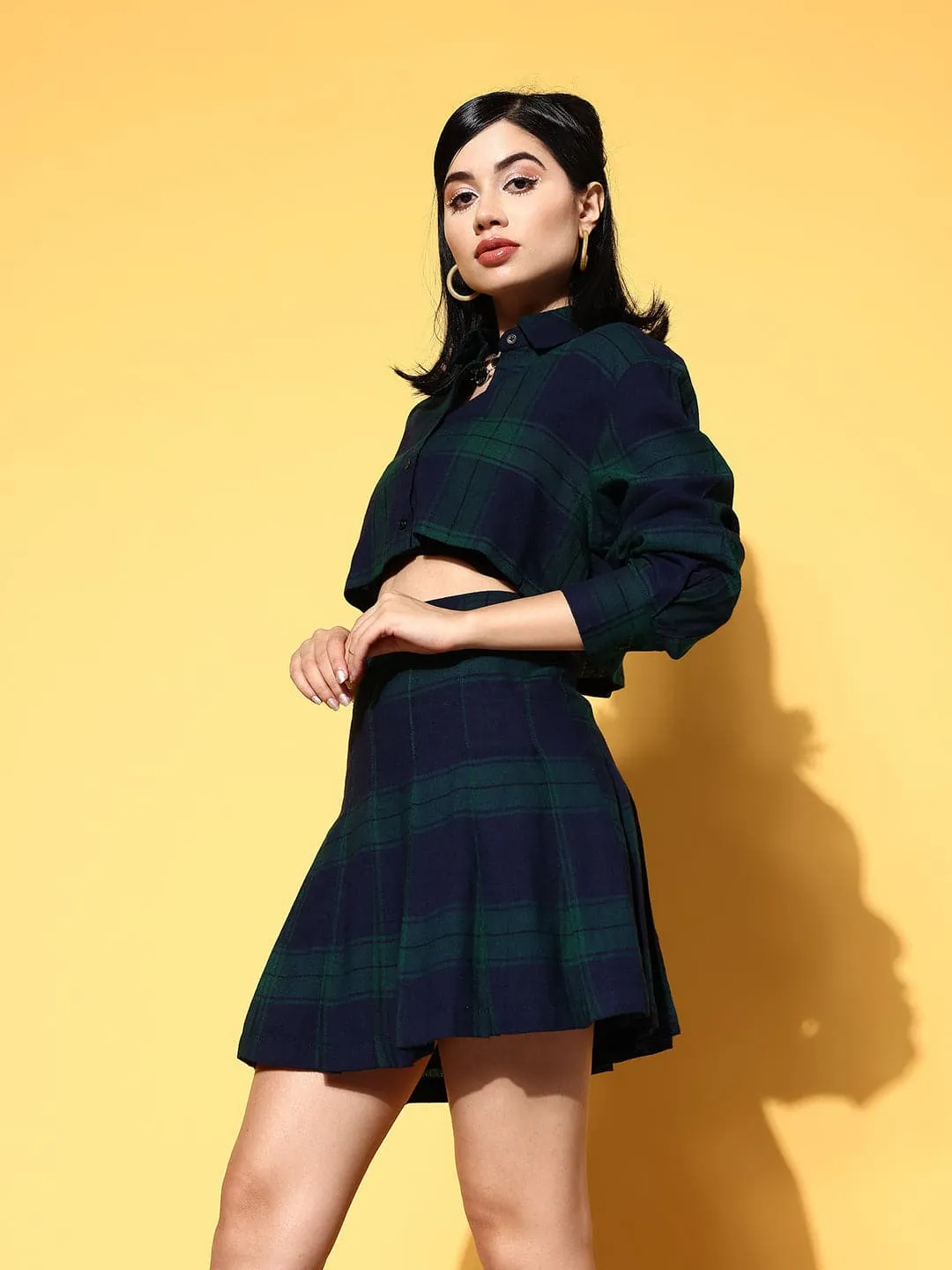 Women Navy Check Crop Shirt With Mini Skirt