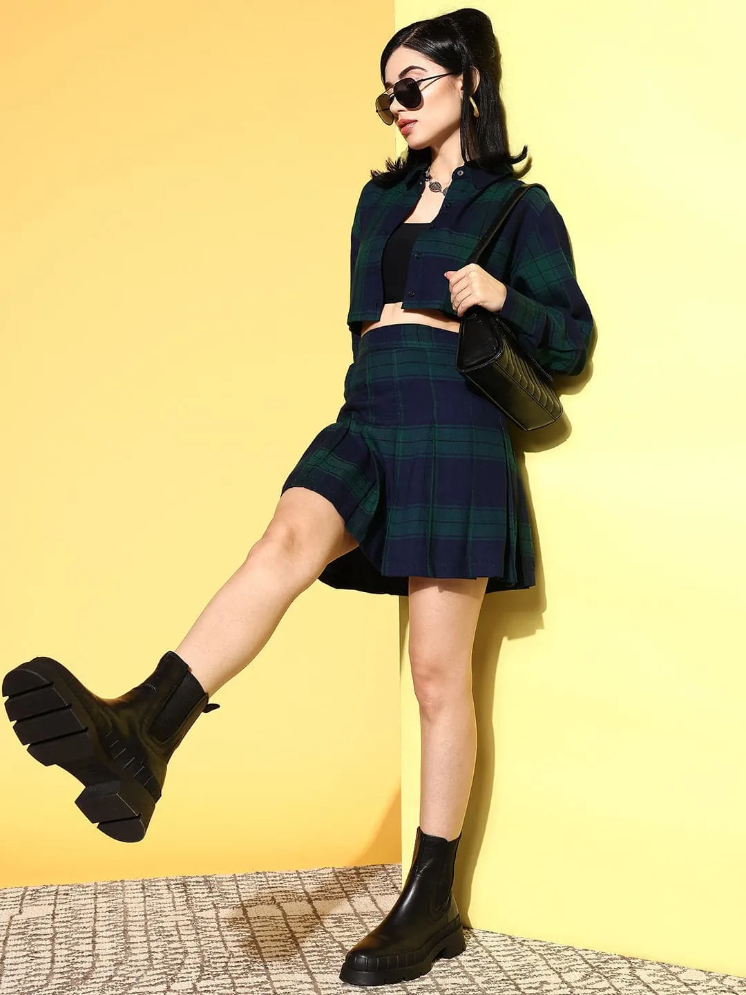 Women Navy Check Crop Shirt With Mini Skirt