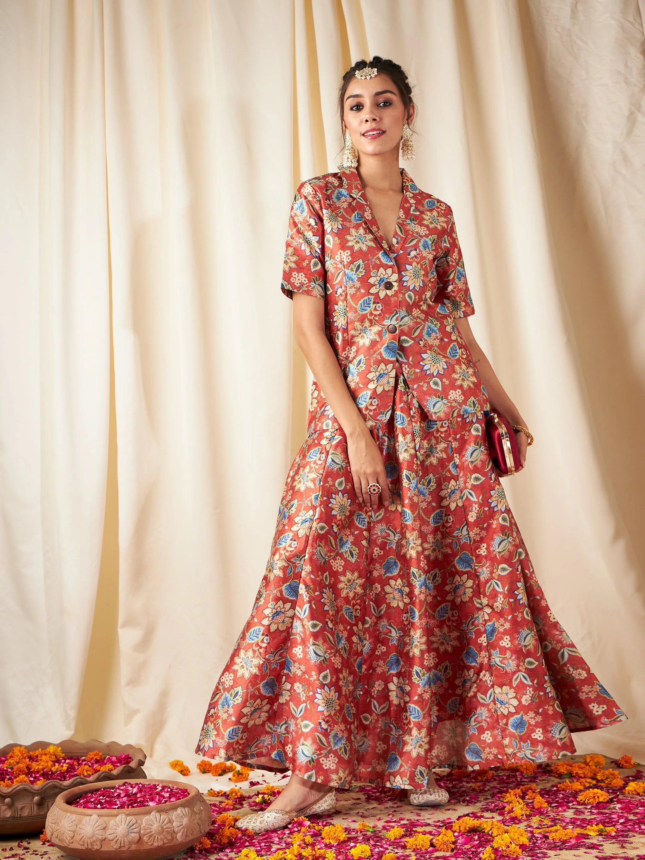 Women Orange Floral Anarkali Skirt With Blazer