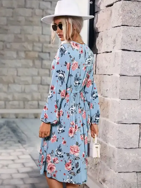 women’s autumn and winter floral dress long sleeve blue pleated skirt