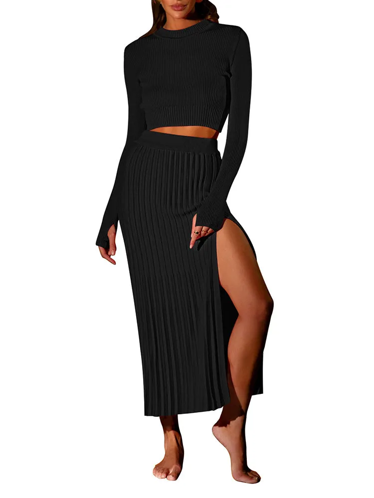 Women's Crop Top Split Bodycon Midi Skirt Fall Sweater Dresses