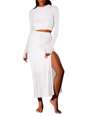 Women's Crop Top Split Bodycon Midi Skirt Fall Sweater Dresses