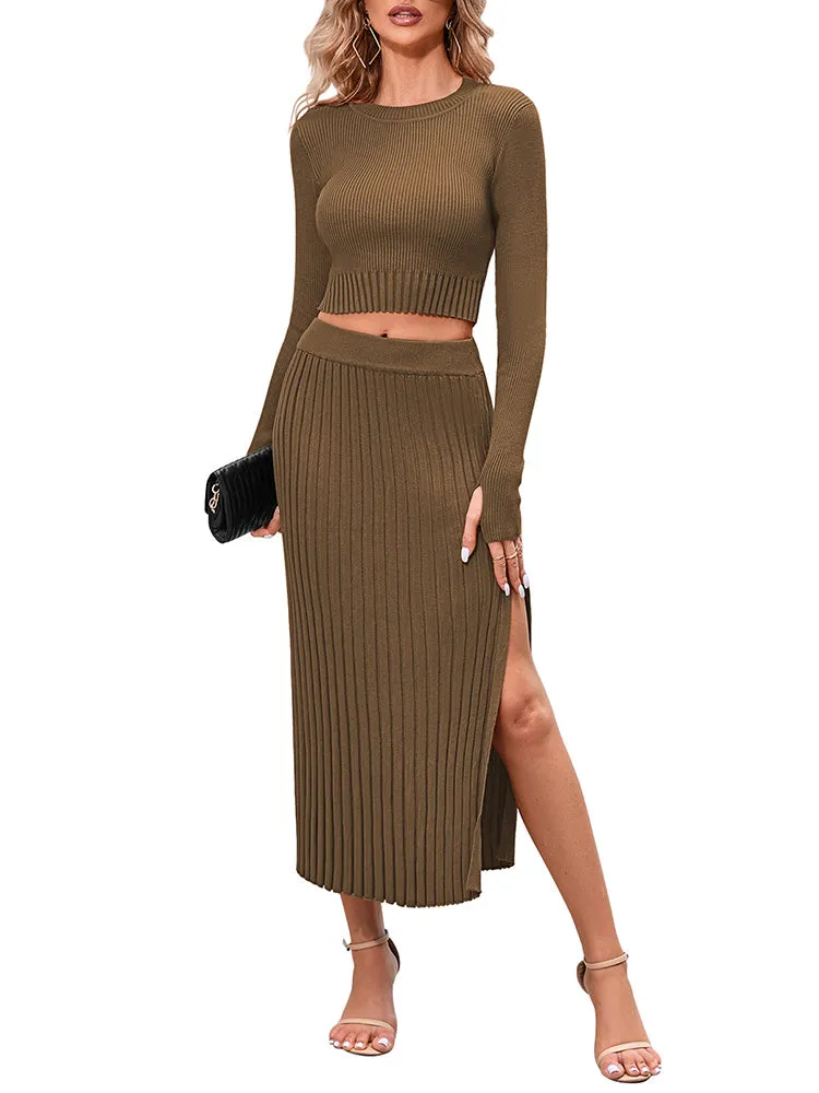 Women's Crop Top Split Bodycon Midi Skirt Fall Sweater Dresses