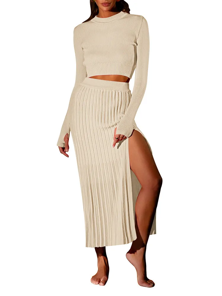 Women's Crop Top Split Bodycon Midi Skirt Fall Sweater Dresses