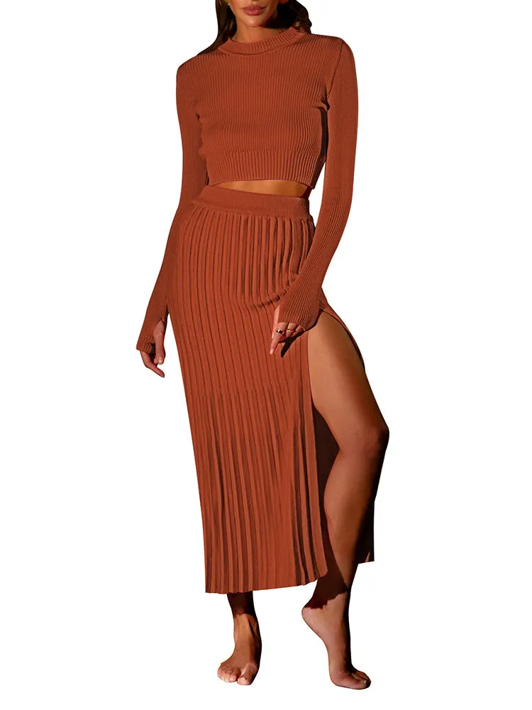 Women's Crop Top Split Bodycon Midi Skirt Fall Sweater Dresses