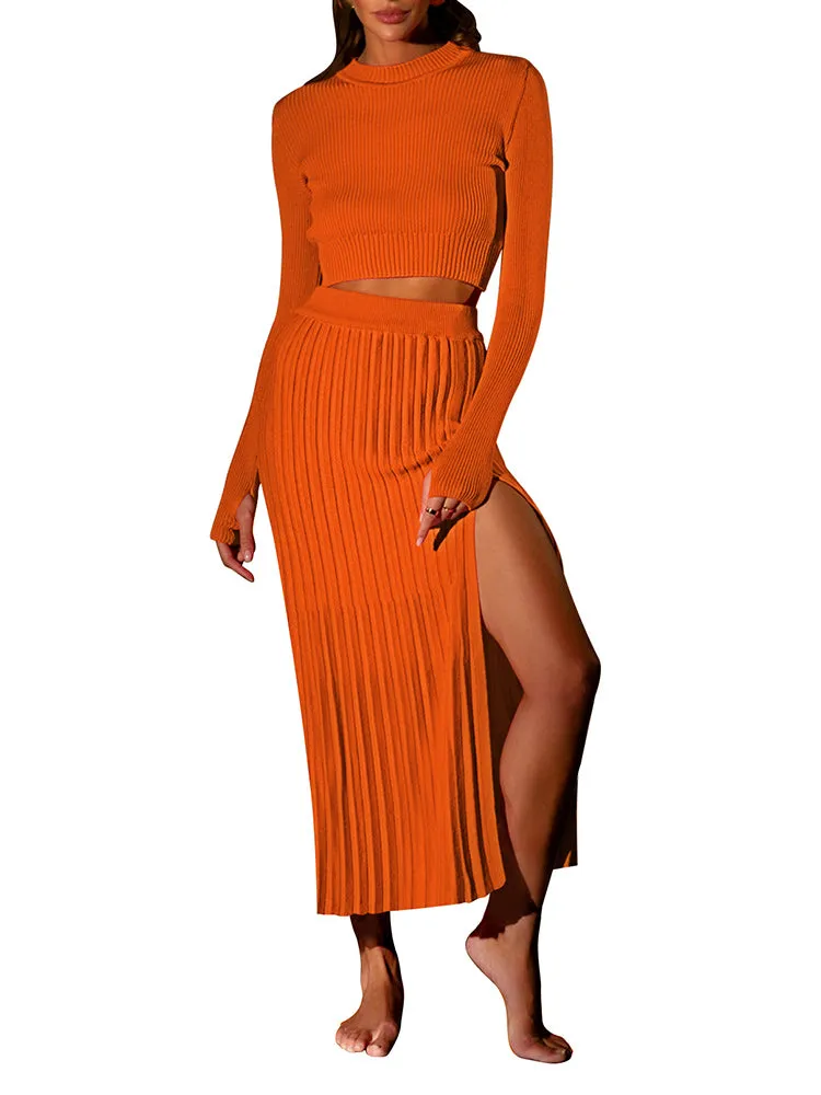 Women's Crop Top Split Bodycon Midi Skirt Fall Sweater Dresses