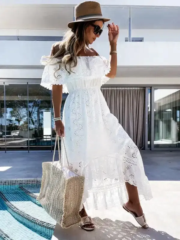 Women’s Solid Color Lace Off Shoulder Long Dress