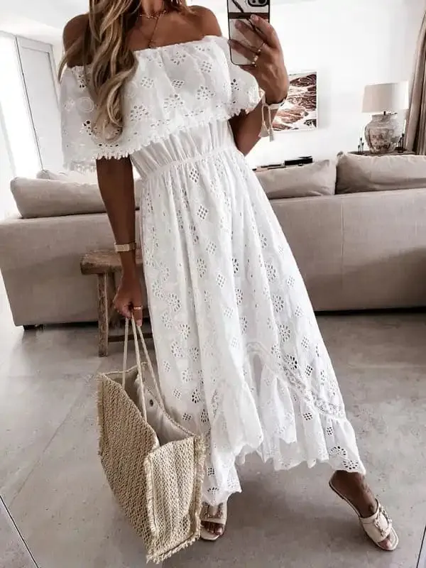 Women’s Solid Color Lace Off Shoulder Long Dress