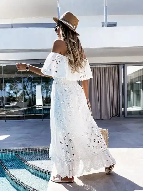 Women’s Solid Color Lace Off Shoulder Long Dress