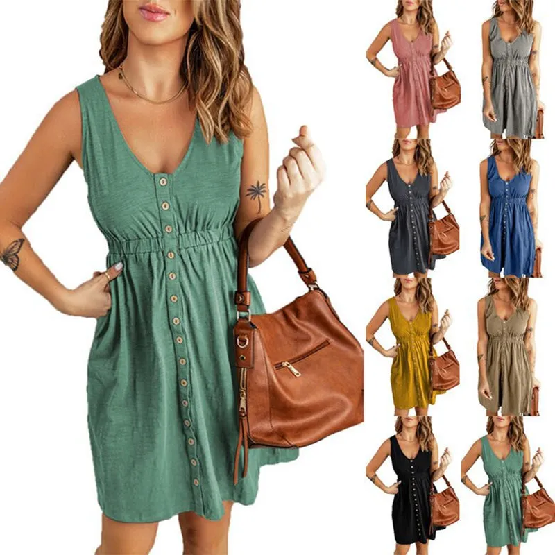 Women's V-Neck Sleeveless Button Elastic Waist Casual Dress