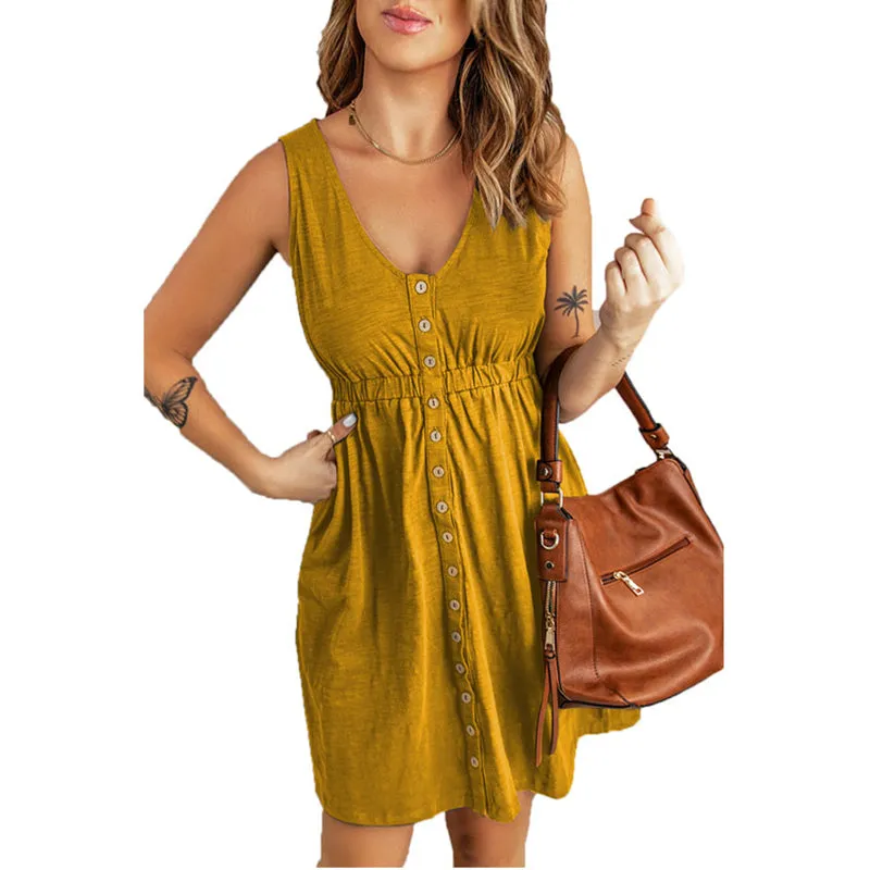 Women's V-Neck Sleeveless Button Elastic Waist Casual Dress