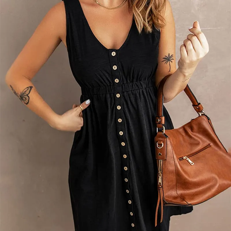 Women's V-Neck Sleeveless Button Elastic Waist Casual Dress