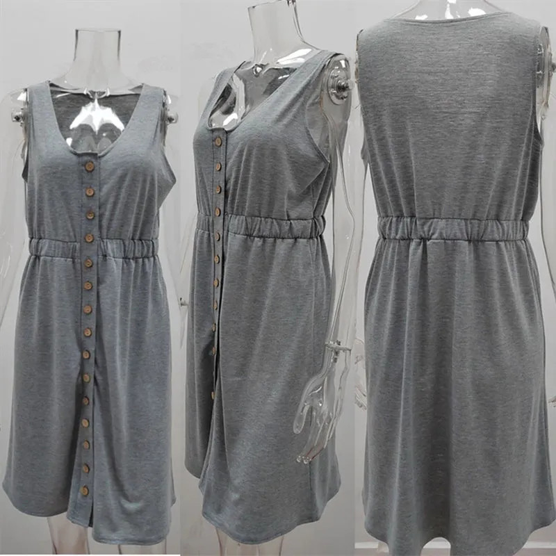 Women's V-Neck Sleeveless Button Elastic Waist Casual Dress